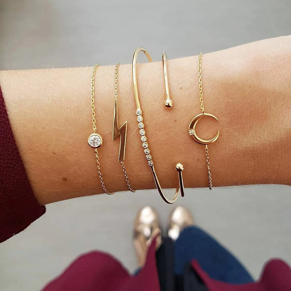 Trendy Geometric Link Chain Bracelet Set For Women Rhinestones Gold Color Leaves Heart Pendant Open Cuff Bangle Girls Jewelry - Madeinsea©