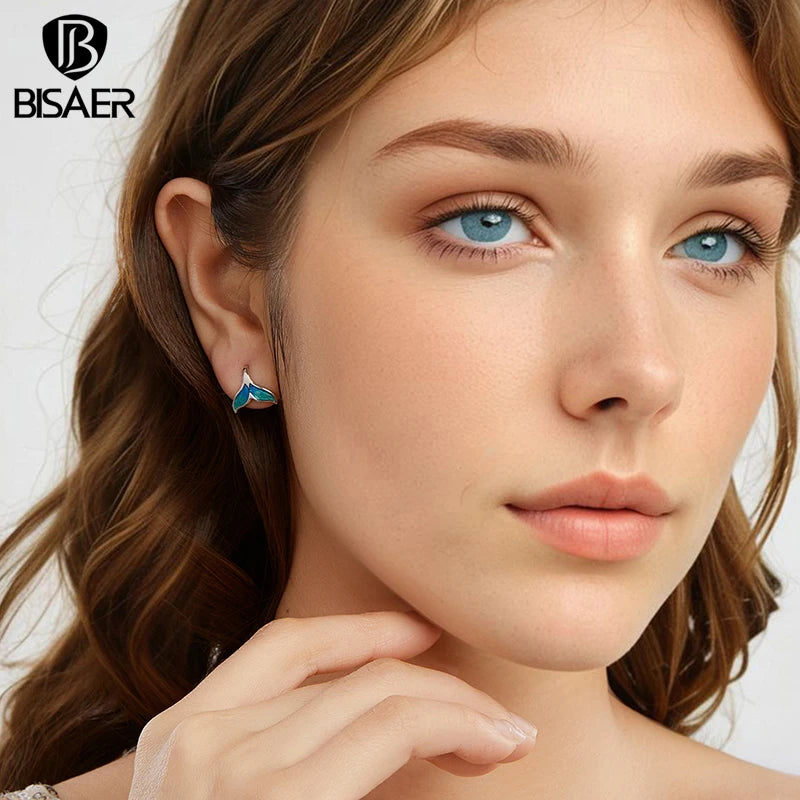 BISAER 925 Sterling Silver Mermaid Stud Earrings Blue Gradient Enamel process Stud Ear for Women Party Fine Jewelry Holiday Gift