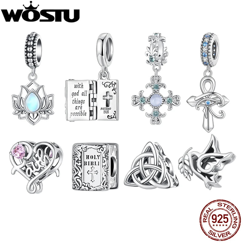 WOSTU 925 Sterling Silver Religious Openable Bible Book Charm Cross Faith Pendant Celtic Knot bead Fir Bracelet DIY Family Gift