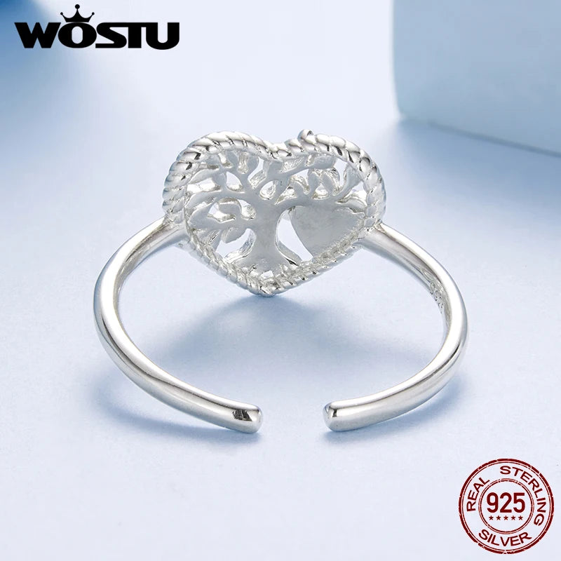 WOSTU 925 Sterling Silver Tree of Life Open Ring Heart Moonstone White Gold Women Wife Anniversary Birthday Fine Jewelry Gift