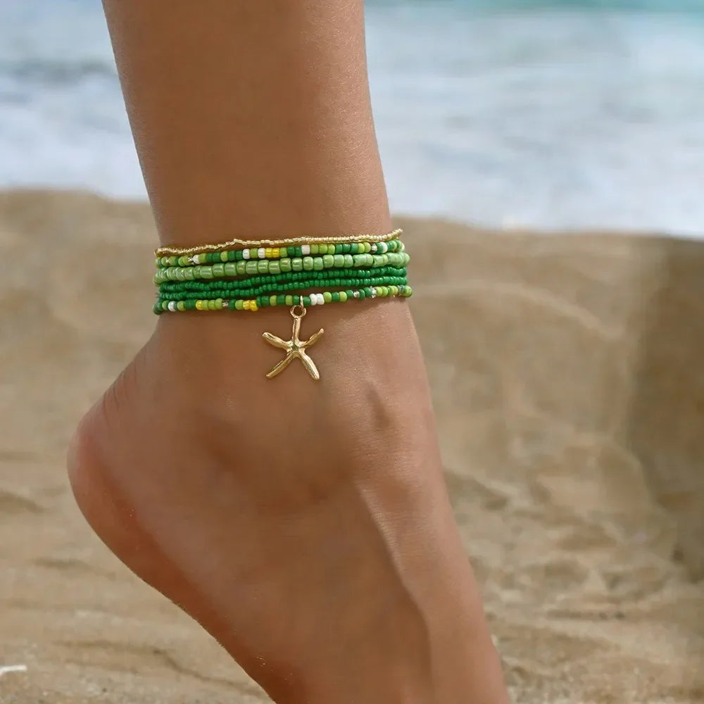 6pcs Set Charm Summer Beach Acrylic Round Ball Beaded Starfish Anklet for Women Multilayer Foot Jewelry Holiday Accessory Gift - Madeinsea©