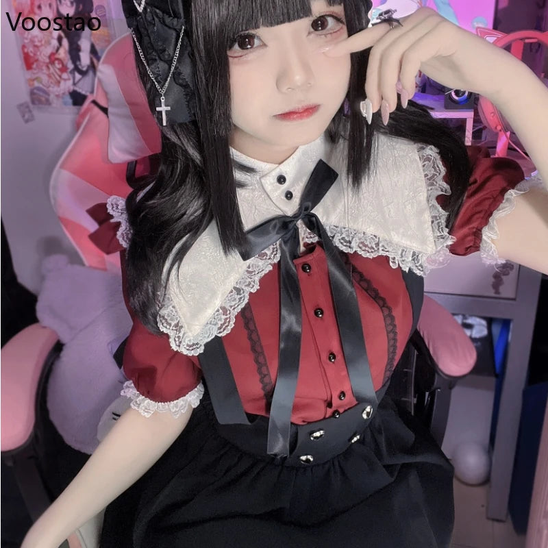 Gothic Y2k Lolita Shirt Japanese Harajuku Girls Sweet Lace Ruffles Bow Puff Sleeve Blouses Women Punk Clothes Tops Blusas Mujer