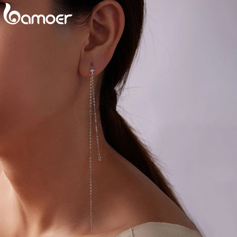 Bamoer Moissanite Long Chain Drop Dangle Earrings, 925 Sterling Silver Star Tassel Threader Double Piercings Convertible Earring