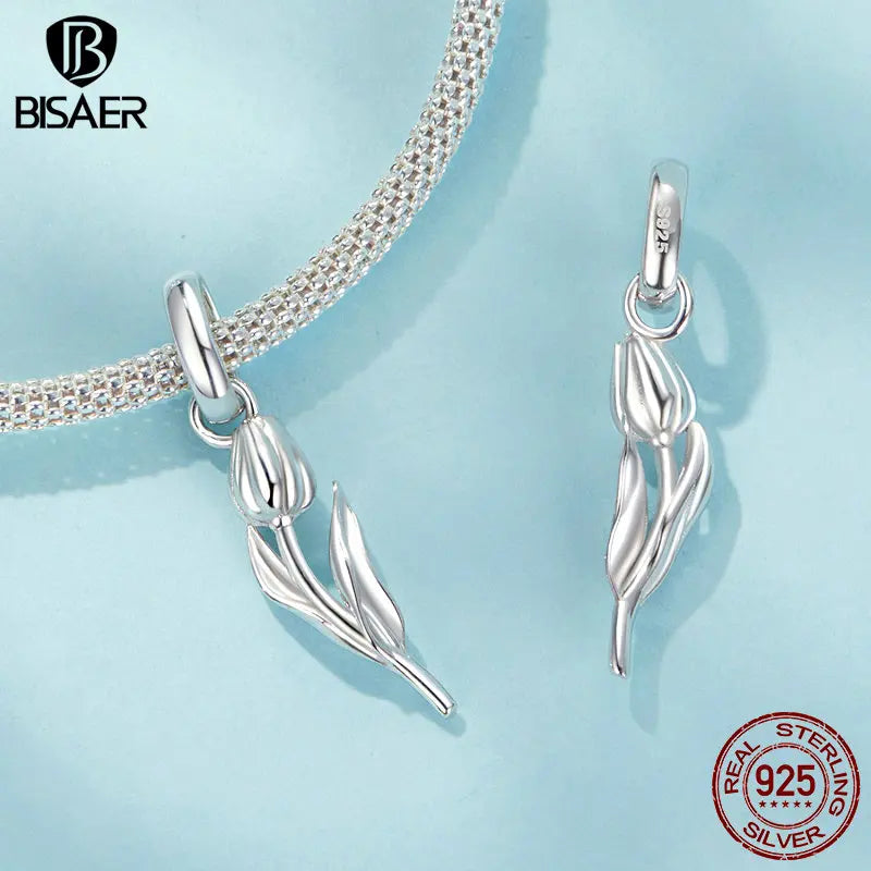 BISAER 925 Argent Sterling Ange Gardien Charm Perle Tulipe Coeur Clé Noeud Bouchon Pendentif Fit Femmes DIY Bracelet Bijoux Cadeau