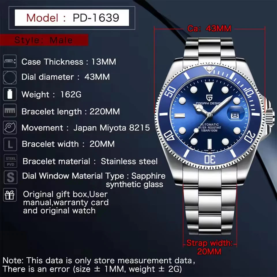 PAGANI DESIGN Brand Automatic Watch 43mm Men Watch Mechanical Watch Ceramic bezel Watch Stainless Steel Waterproof sports Watch