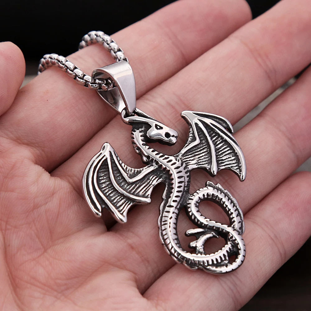 Punk Vintage Flying Dragon Pendant Necklace for Men Women Biker Stainless Steel Pterosaur Choker Necklaces Charm Jewelry Gifts