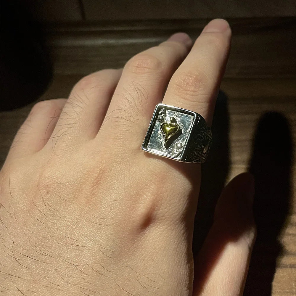 Retro Ace of Spades Ring For Men Silver Color Punk Gothic Open Ring Designer Jewelry Unisex Accessories Creative Peace Art Gift
