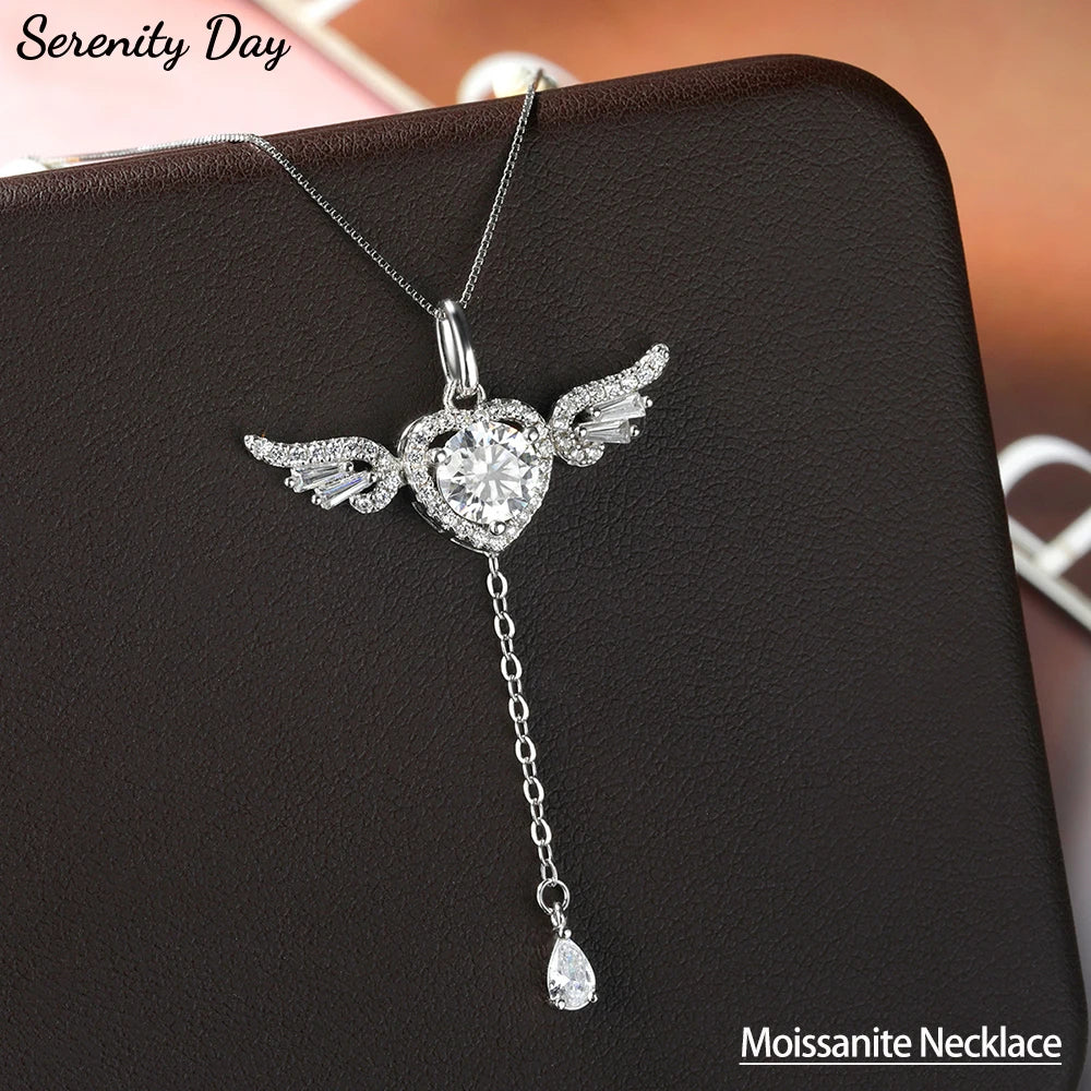 Serenity 1ct D Color Moissanite Necklace for Women Gift 100% 925 Sterling Silver Sparkling Diamond Angel Move Pendant Neck Chain - Madeinsea©
