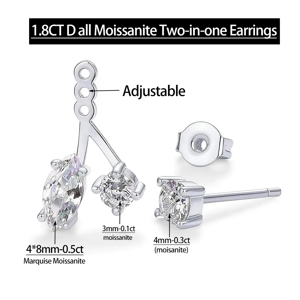 Serenity 1.8ct Marquise D Moissanite Earrings for Women Gift Solid s925 silver Two-in-one Adjustable Earrings Plated 18K Jewelry