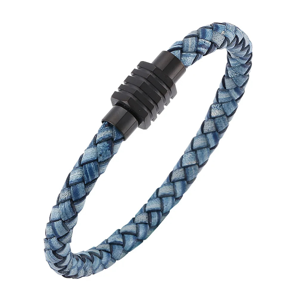 MKENDN Fashion Punk Men Jewelry Black Braided Leather Bracelet Stainless Steel Magnetic Clasp Fashion Bangles Gift