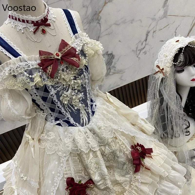 Japanese Sweet Lolita Princess Dress Women Elegant Vintage Bow Off Shoulder Lace Mesh Pearl Evening Party Dresses Lolita Clothes