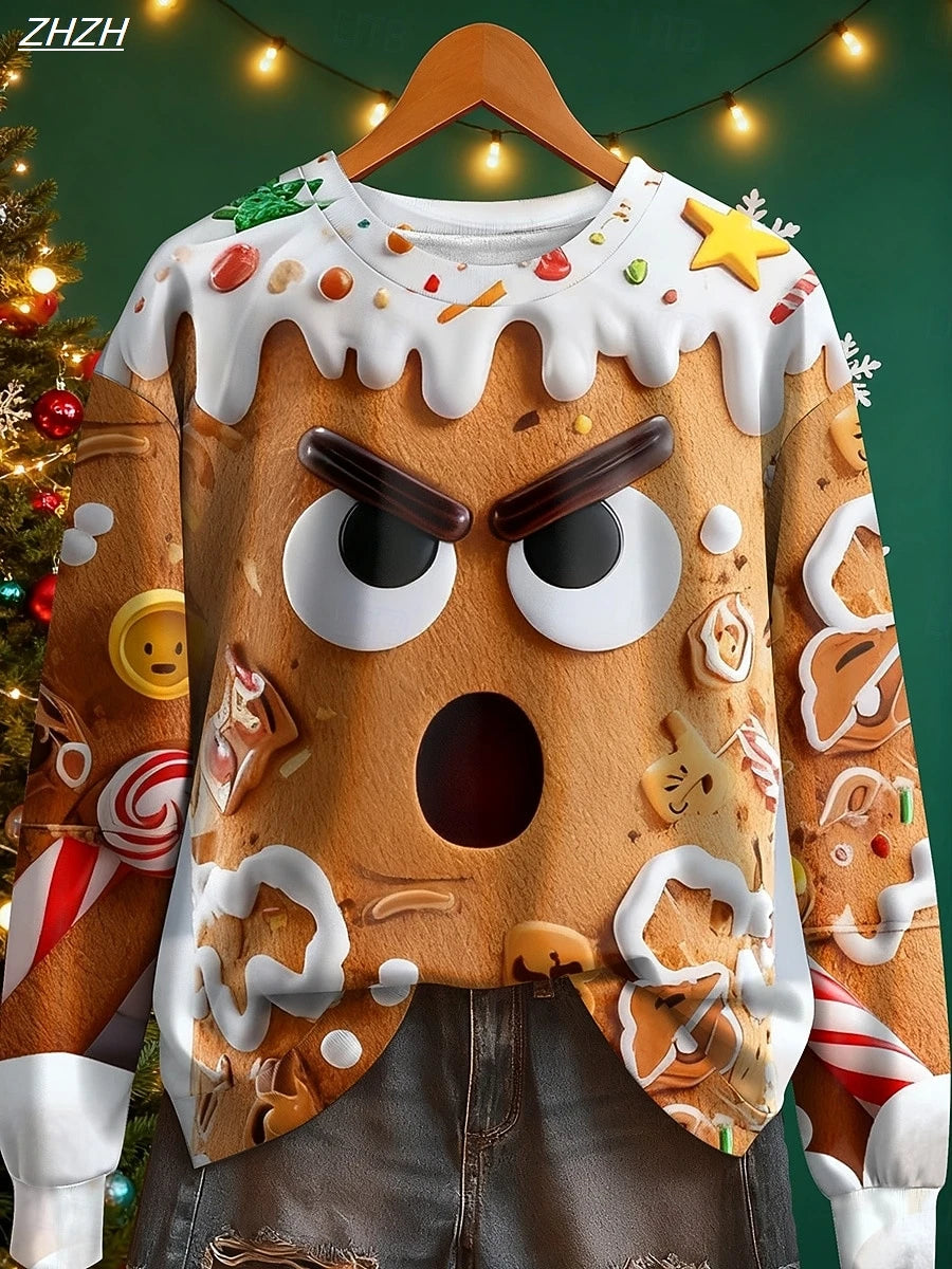 2025 Women's Christmas Face Print Sweatshirt, Holiday Home Wear, Festive Street Style, Fall Winter Casual Crewneck Pullover