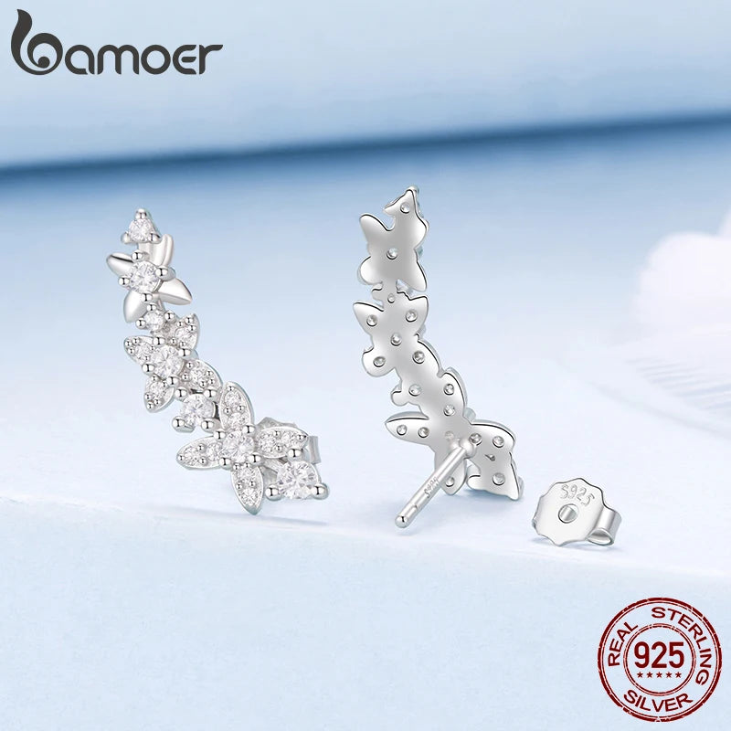 BAMOER 925 Sterling Silver Clover Crawler Stud Earrings Sparkling Zircons Branch-shaped Ear Cuffs Women Hypoallergenic Jewelry