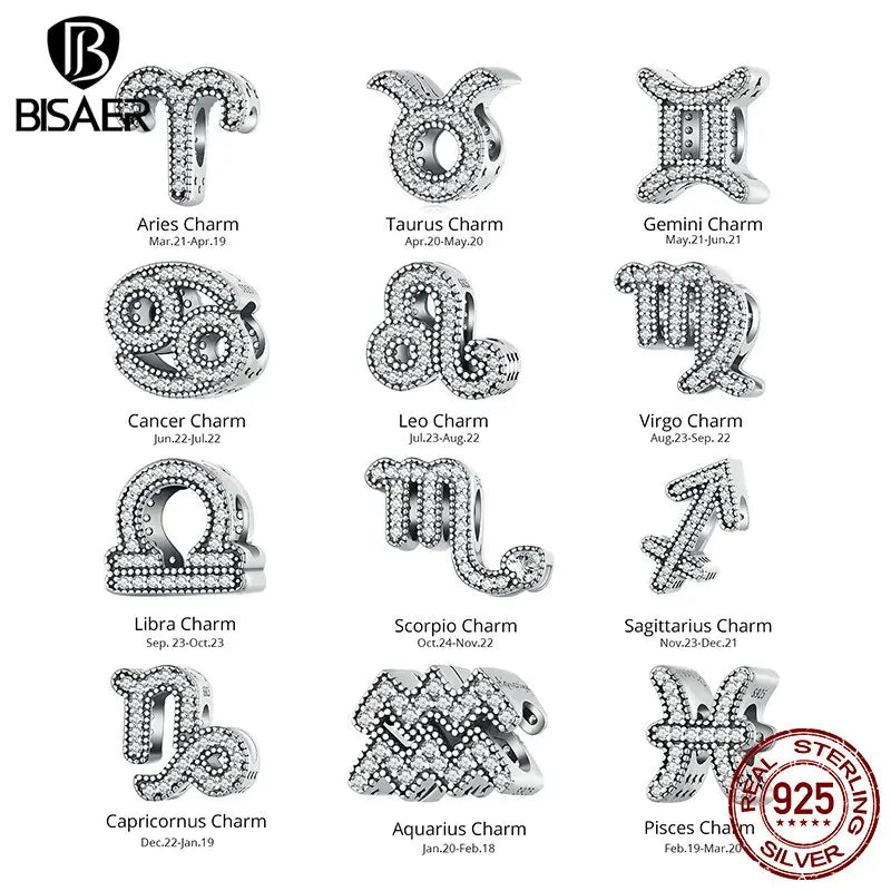 BISAER 925 Sterling Silver 12 Constellation Charms Aries Libra Beads Fit Women DIY Bracelet Necklace Fine Jewelry Birthday Gifts