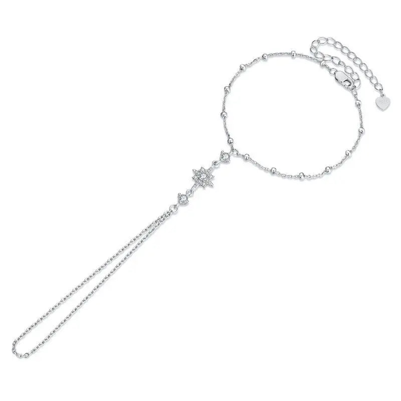 BAMOER 925 Sterling Silver Adjustable Hand Chain Bracelet Four-leaf Clover CZ Finger Ring Link Chain Women Summer Body Jewelry