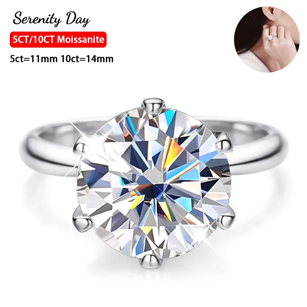 Serenity Six-claw 5ct 10ct Big Moissanite Rings For Women Wedding Bridal Gift 925 Sterling Silver Classic Eternity Rings Jewelry