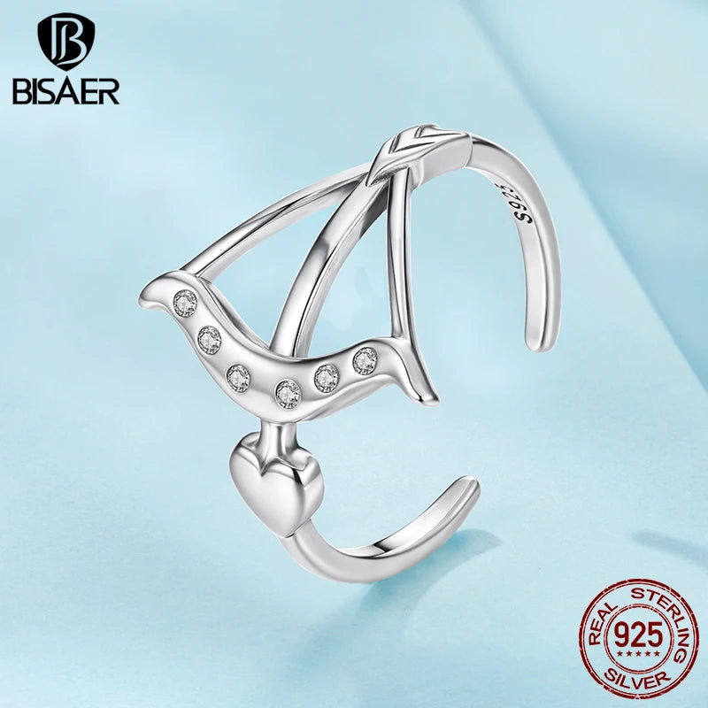 BISAER 925 Sterling Silver Heart Arrow Open Ring Adjustable Eternity Band for Women Engagement Wedding Fine Jewelry ECR1132-E