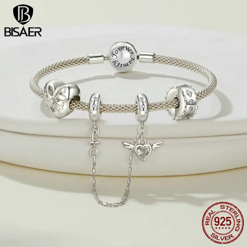 BISAER Breloque en forme de cœur en argent sterling 925 avec pendentif papillon de rêve et chaîne de sécurité pour bracelets à faire soi-même, bijoux fins, cadeau