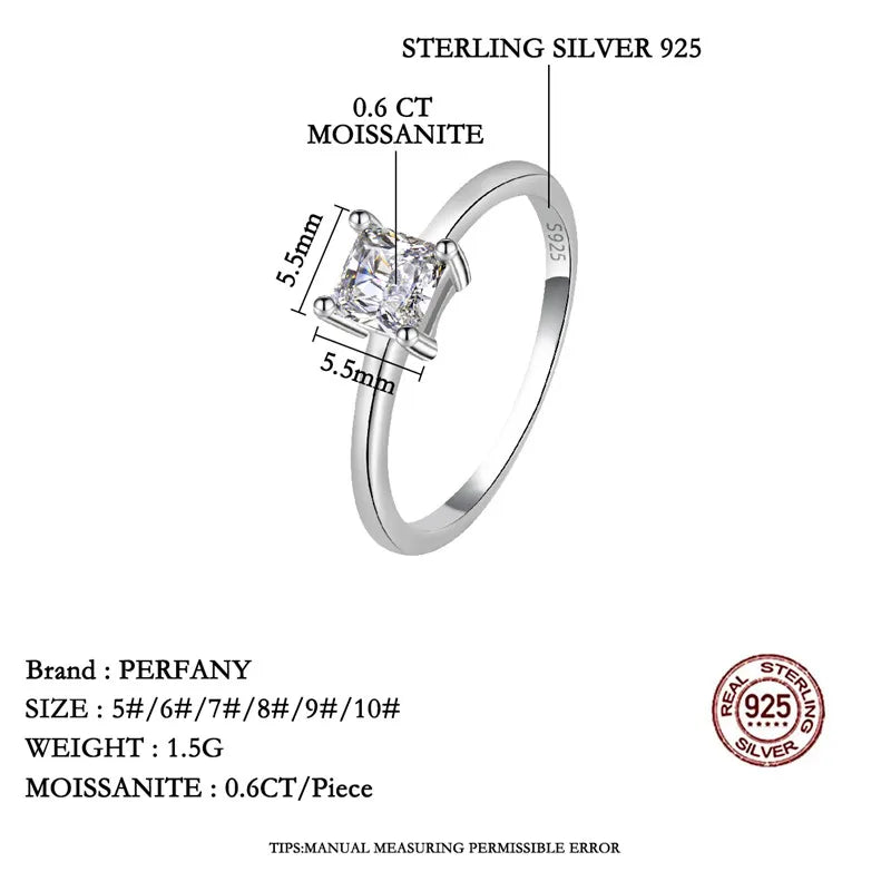 PERMANY 0.6CT Square Cut Moissanite Ring for Women S925 Pure Silver Imitation Diamond Simple Fashion Wedding Jewelry - Madeinsea©
