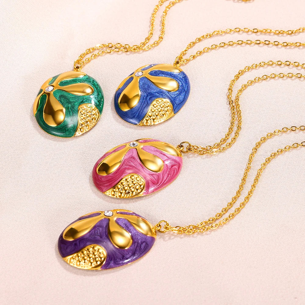 Colliers avec pendentifs ovales en émail et strass pour femme, couleur or, en acier inoxydable, style bohème, bijoux, cadeau, vente en gros