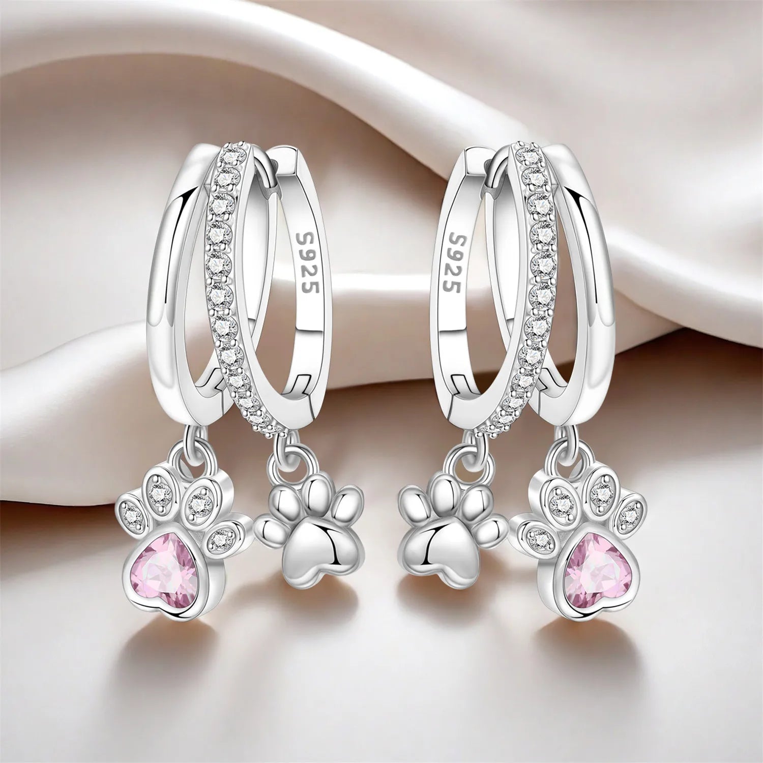 PANPOKI 925 Sterling Silver Double Layer Pet Paw Print Drop Earrings Women Earrings Charm Fashion Versatile Party Jewelry Gifts