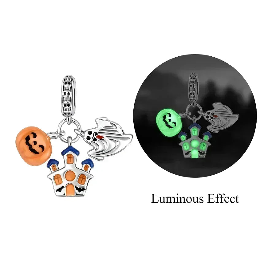 Halloween 925 Sterling Silver Skull Charm Luminous Pumpkin Bat Ghost Coffin Bead Pendant Ring Necklace Bracelet DIY Jewelry Gift