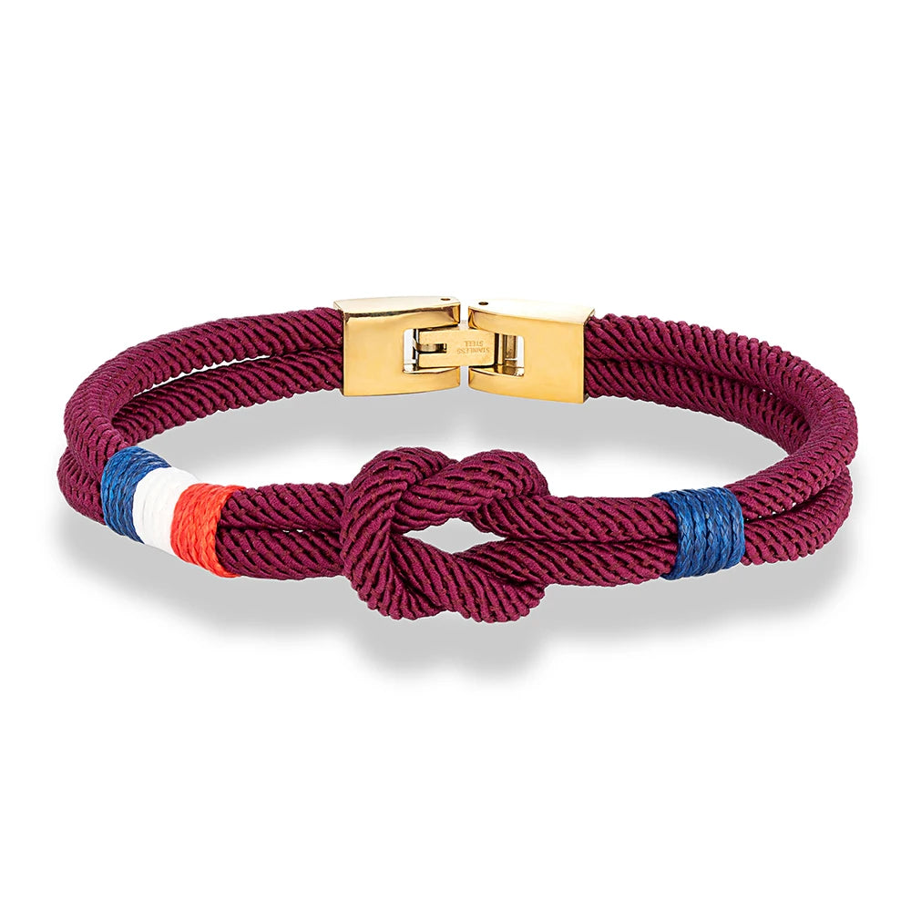 MKENDN Gold Plated Stainless Steel Square Knot Rope Bracelet Men Women Handmade Woven Double-Layer Design France USA Flag Gifts