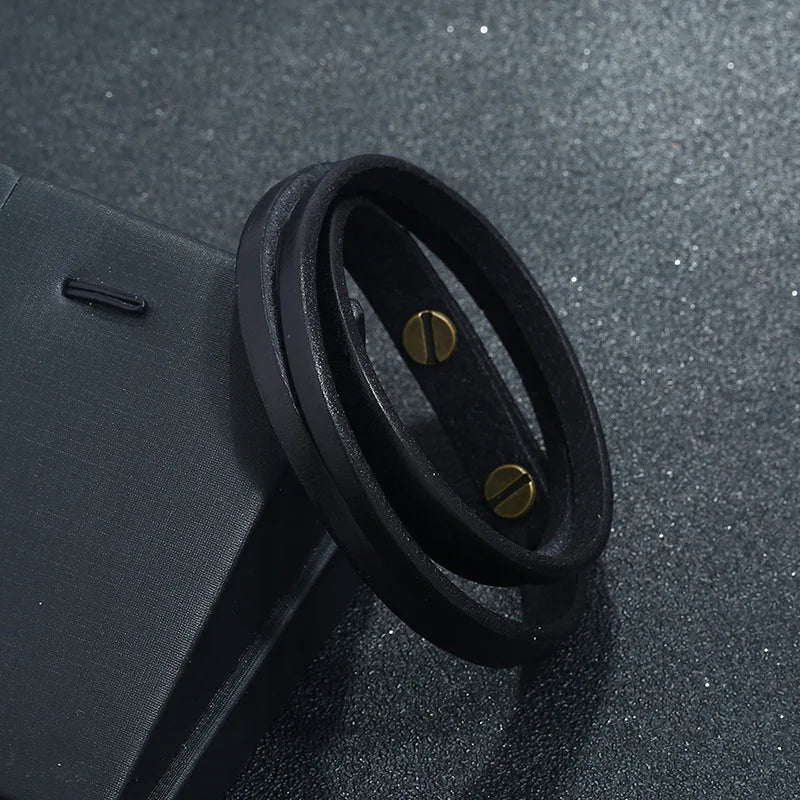 MKENDN Punk Vintage Double Strand Black Brown Real Genuine Cow Leather Charm Unisex Buckle Bracelet For Men Women Jewelry Gifts - Madeinsea©