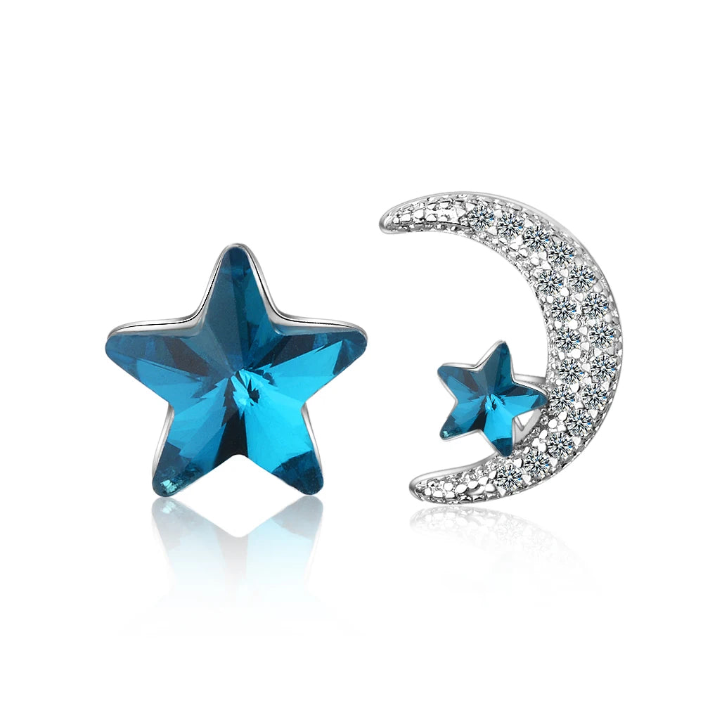 Real 925 Sterling Silver Zircon Moon Star Stud 14K Gold Earrings For Women Asymmetry Cute Fine Jewelry Drop shipping