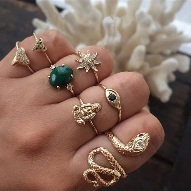 Bohemia Green Stone Finger Ring Set For Women Geometric Moon Owl Knuckle Rings Girls Fashion Jewelry Gift