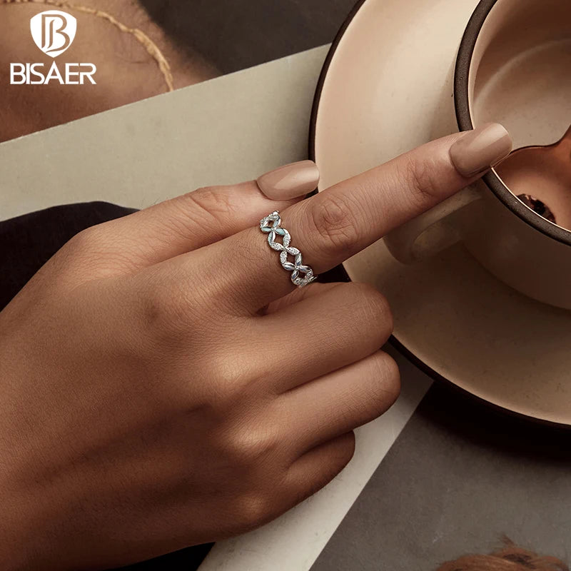 BISAER Bague en argent sterling 925 à quatre pétales avec sertissage pavé et bande en zircon blanc plaqué pour femme, bijoux fins de fête EFR614