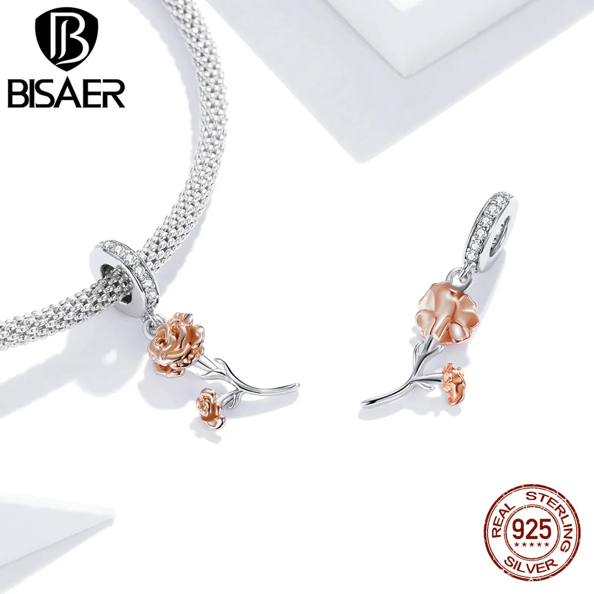 BISAER 925 Sterling Silver Charm Rose Fleur Tulipe Oeillet Pendentif Pour Mère Fille DIY Bracelets Collier Fine Jewelry Cadeau