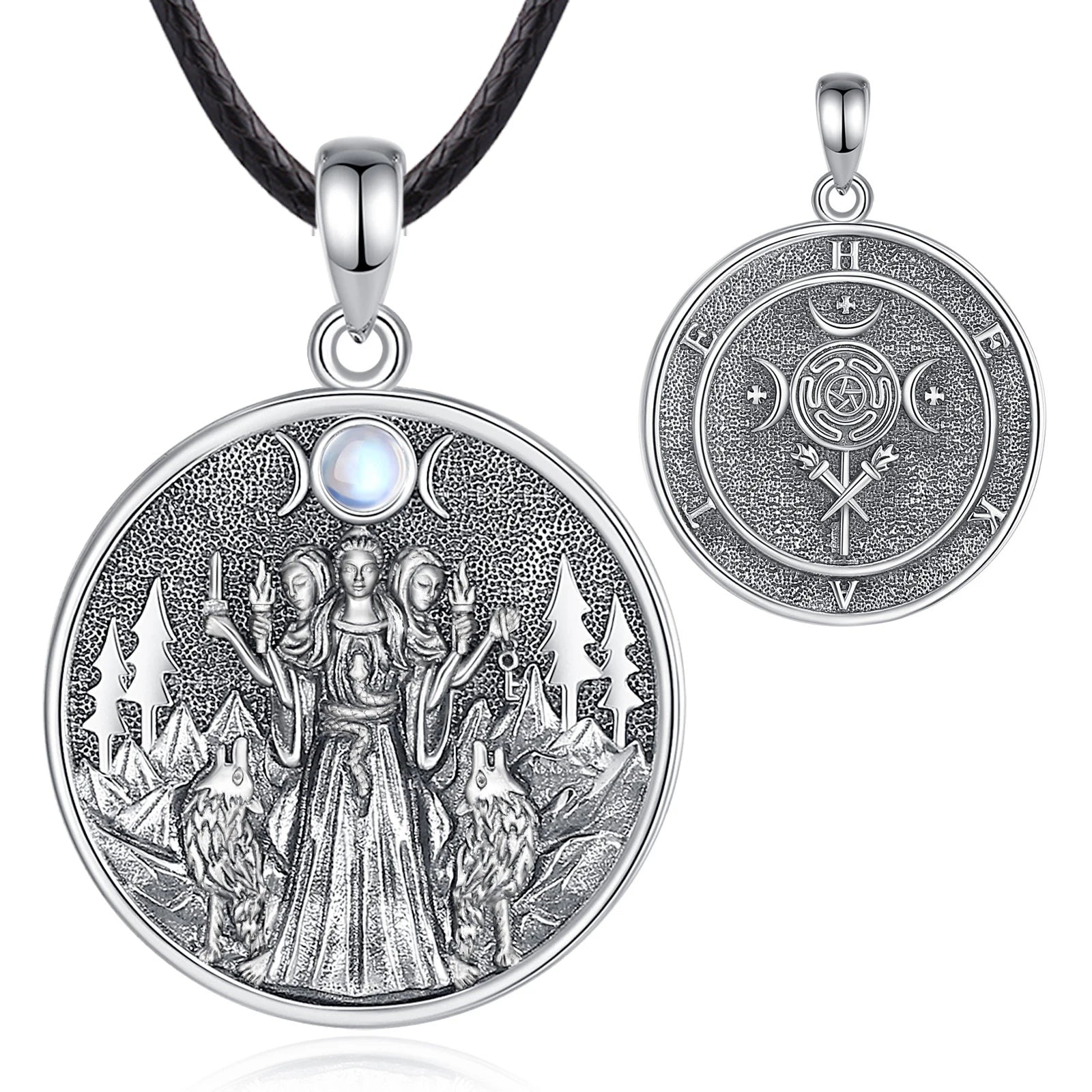 Eudora 925 Sterling Silver Hecate Dog Necklace Triple Moon Goddess Amulet Pendant Moonstone Triple Goddess Jewelry Women Gift