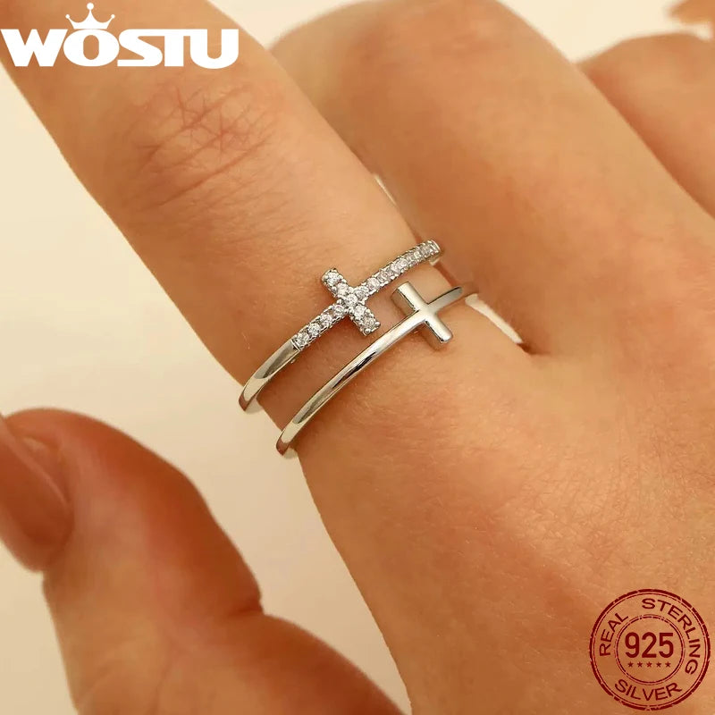 WOSTU Moissanite Double Layer Cross Ring For Women 925 Silver Party Jewelry Lad Diamond Staking Finger Rings Girl Cool Punk Gift