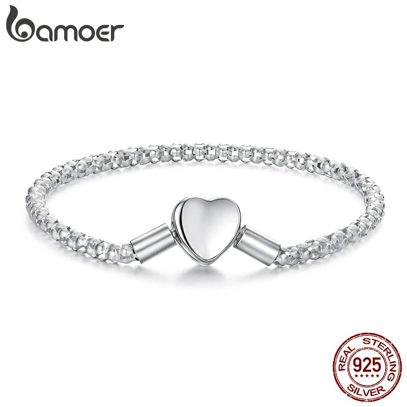 BAMOER 925 Sterling Silver Heart Love 3mm Chain Charm Bracelet for Women, High Quality Bracelet Fit for DIY Beads & Pendant