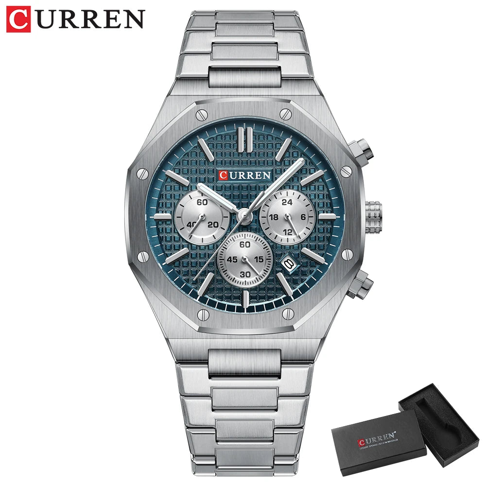 CURREN Fashion Casual Stainless Steel Band Quartz Wristwatches with Chronograph Waterproof Men's Watches