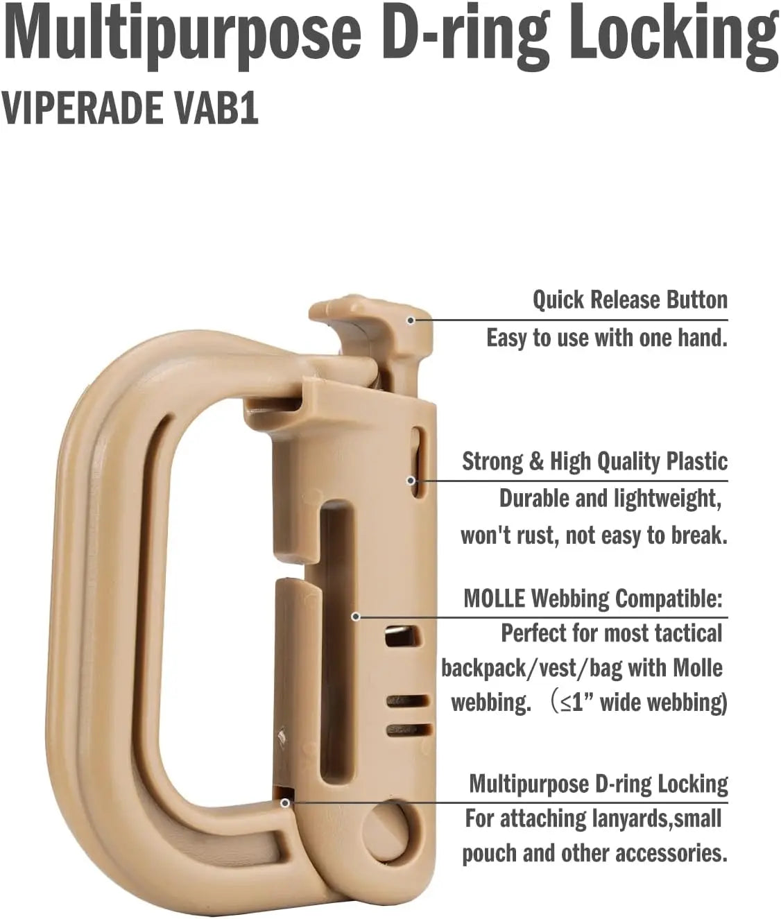 Black Carabiner Clip Tactical D-Ring s For Molle Gear, Strong And