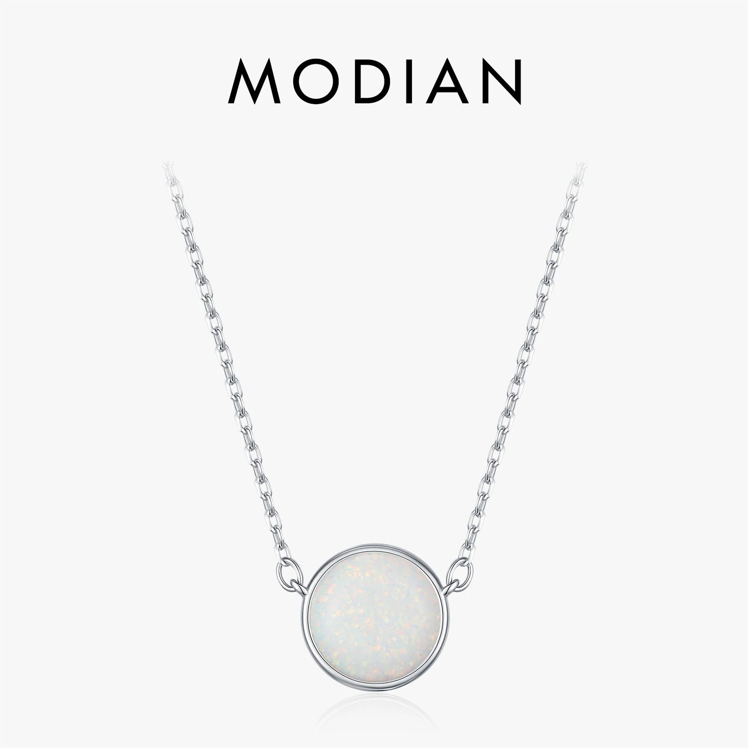 MODIAN 925 Sterling Silver Round Opal Link Chain Pendant Necklace Fashion Daily Stackable Necklaces For Women OL Fine Jewelry