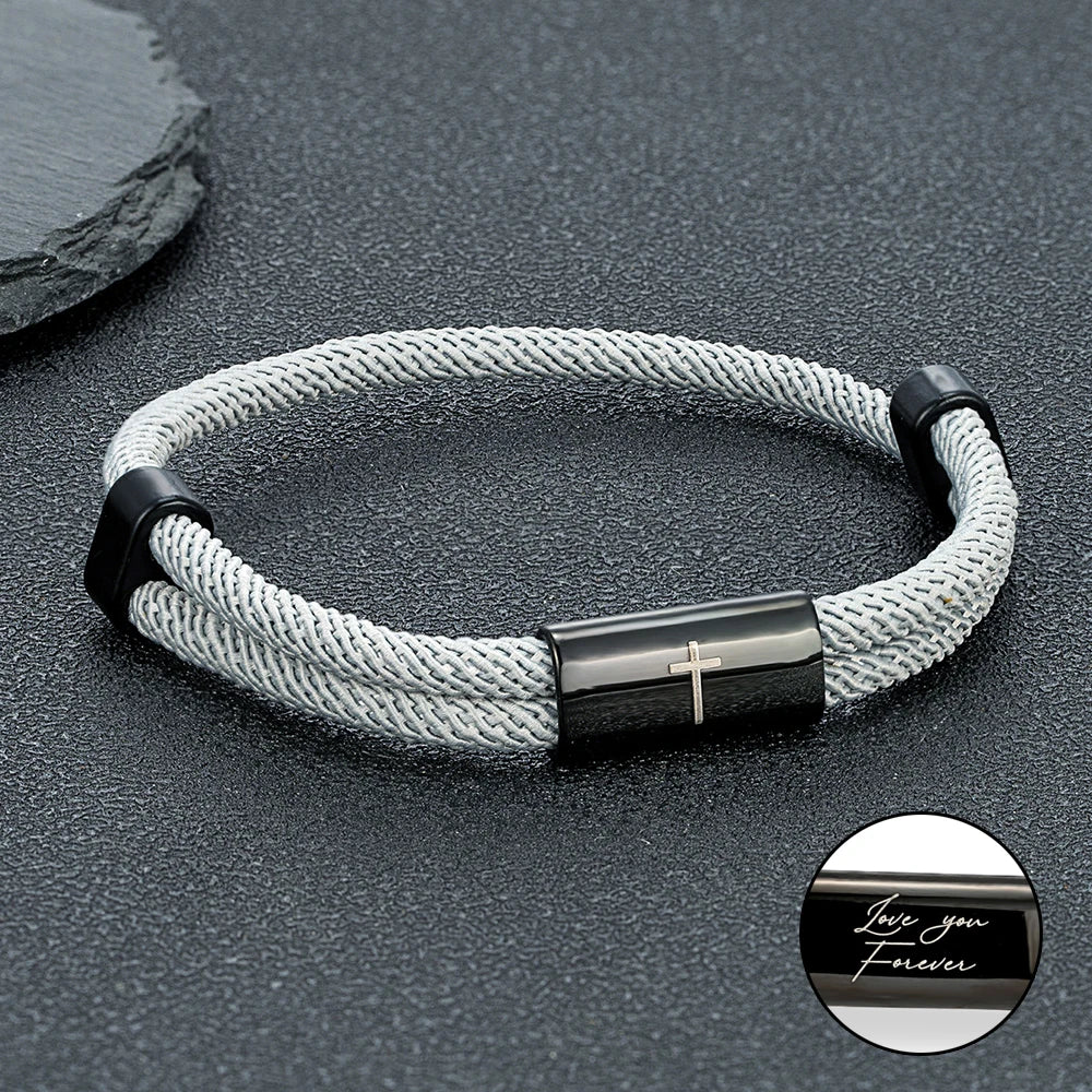 MKENDN Charm Rope Bracelet Cross Black Stainless Steel Bracelets Handmade Men Women Prayer Fitness Chain Couple Jewelry Gift
