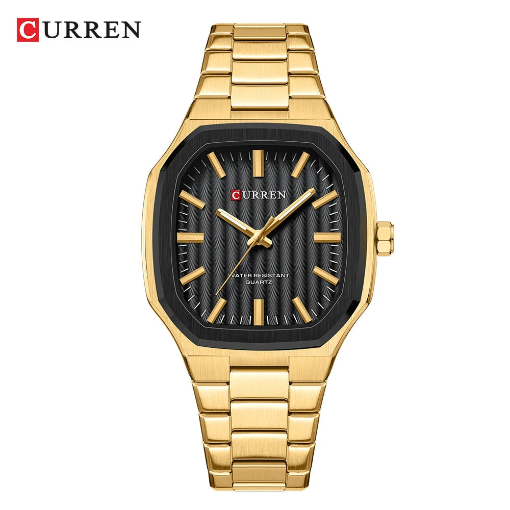 CURREN Luxury Business Square Quartz Watches  Classic Stripe Design Dial with Stainless Steel Band Wristwatch for Men
