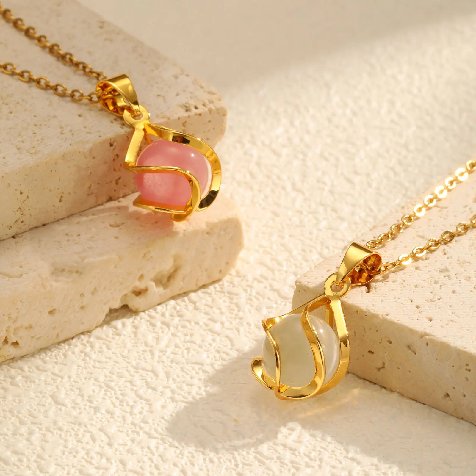 Vnox Elegant Gold Color Women's Pendant Necklace New Design Geometric Hollow Opal Pendant Charm Neck Jewelry Daily Wear