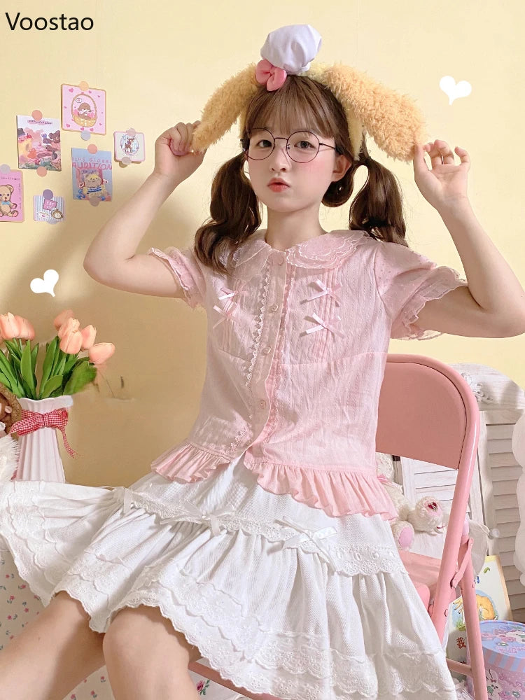 Sweet Lolita Blouses Girly Japanese Kawaii Bow Lace Peter Pan Collar Puff Sleeve JK Shirts Women Cute Princess Tops Blusas Mujer