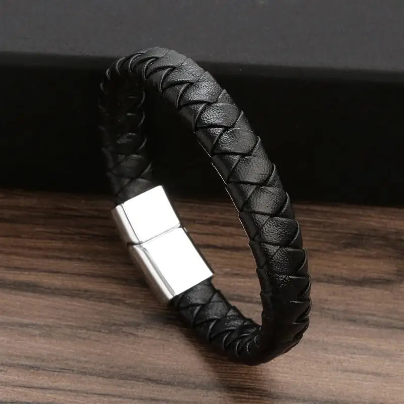 Classic Men Jewelry Braided Leather Bracelet Simple Design Magnetic Clasp Vintage Bangles Gift Dropshipping