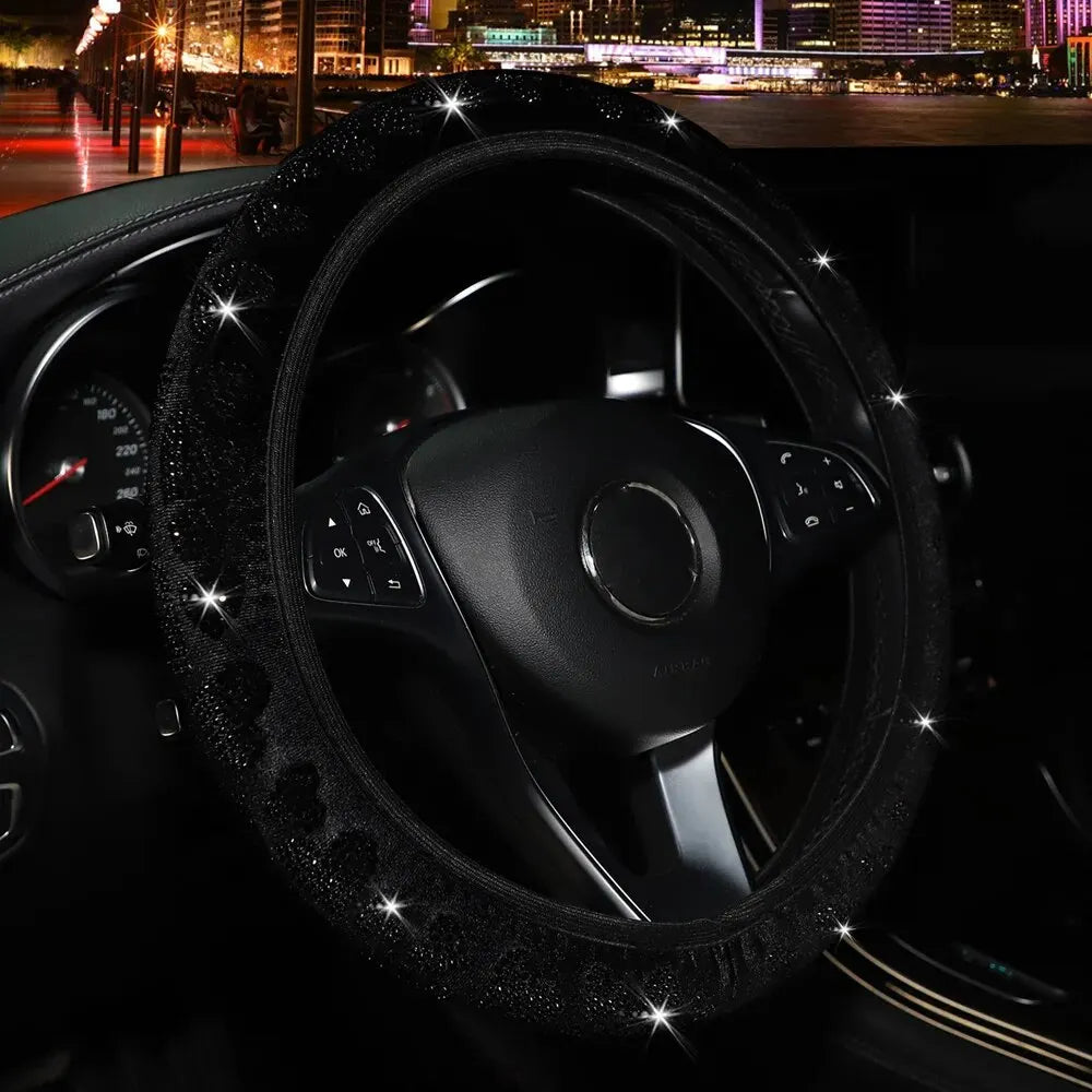 Velvet Studded Faux Diamond Heart Flash Car Accessories without Inner Ring Steering Wheel Cover for 14-15 Inch Women - Madeinsea©
