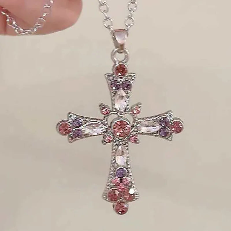 2023 Y2K Pearl Cross Pendant Necklace Hip Hop Retro Women Religious Zircon Chain Necklaces Girls Punk Party Trendy Jewelry Gifts