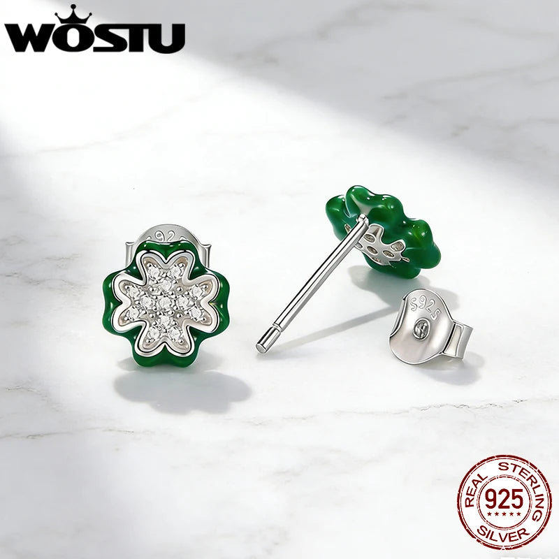 WOSTU Real 925 Silver Lucky Four Leaf Clover Stud Earrings, Green Enamel Sparkling CZ Studs for Women Daily Wear Valentine Gift