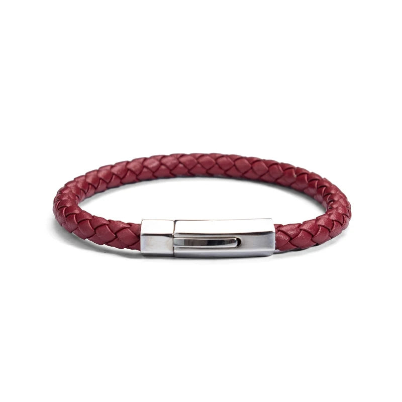 MKENDN 6 mm Klassisches, schlichtes rotes geflochtenes Lederarmband mit sechseckiger Edelstahlschließe – Schmuckstück für Damen, Herren und Paare – Geschenkidee