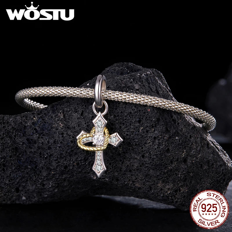 WOSTU 925 Sterling Silver Virgin Mary Pendant Cross Charms Wings of Protection Beads Fit Original Bracelet Necklace DIY Gift