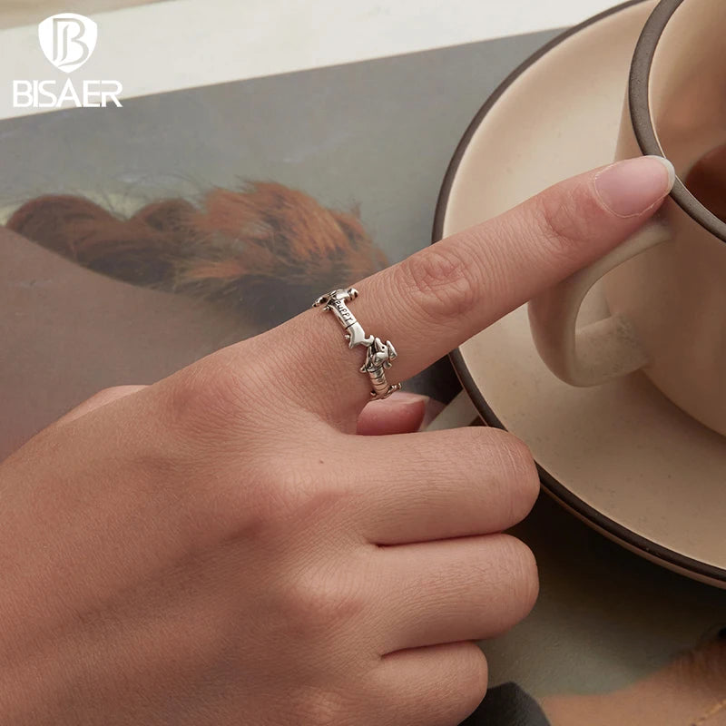 BISAER Real 925 Sterling Silver Dachshund Open Ring Cute Pet Dog Band Adjustable Size 5-9 for Women Party Fine Jewelry ECR1131-E