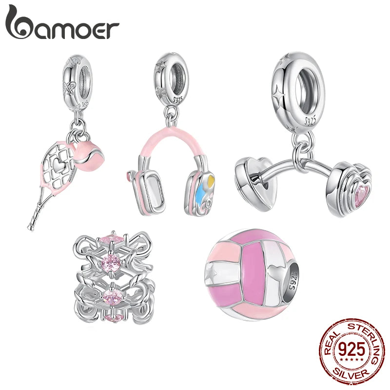 BAMOER 925 Sterling Silver Headphone Tennis Barbell Charm Pendant fit Original Bracelet DIY Jewelry Accessories bamoer Beads